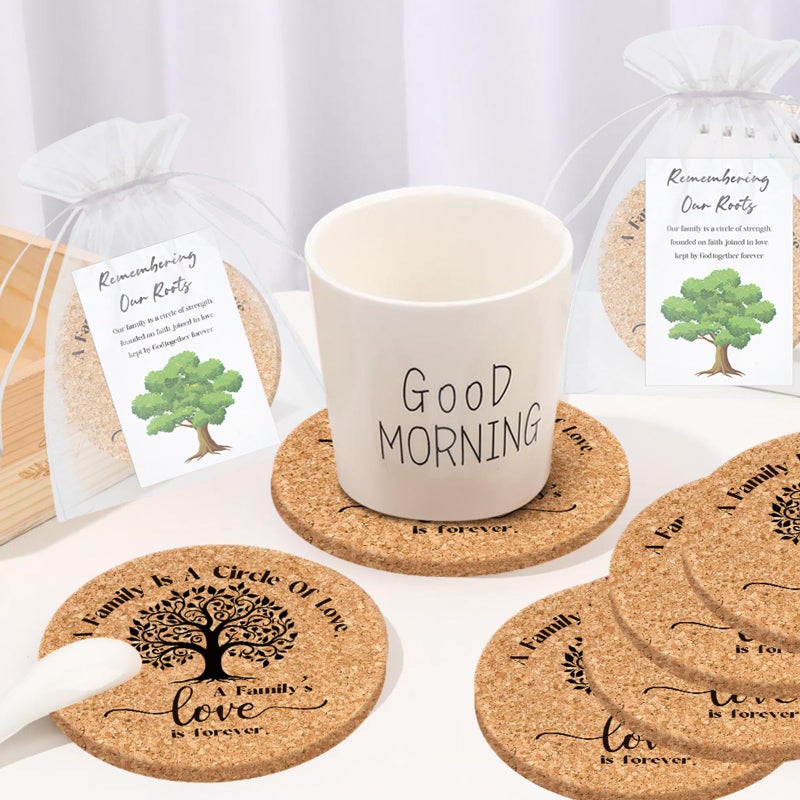 Nlicrst 50 Sets Family Reunion Favors Include A Family is a Circle of Love Cork Coaster Family Absorbent Cork Mat with Party Gift Cards and Organza Gift Bags Family Gathering - Image 4