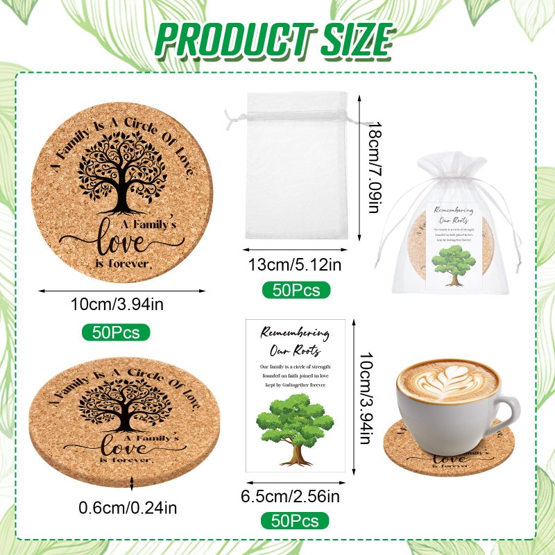Nlicrst 50 Sets Family Reunion Favors Include A Family is a Circle of Love Cork Coaster Family Absorbent Cork Mat with Party Gift Cards and Organza Gift Bags Family Gathering - Image 2