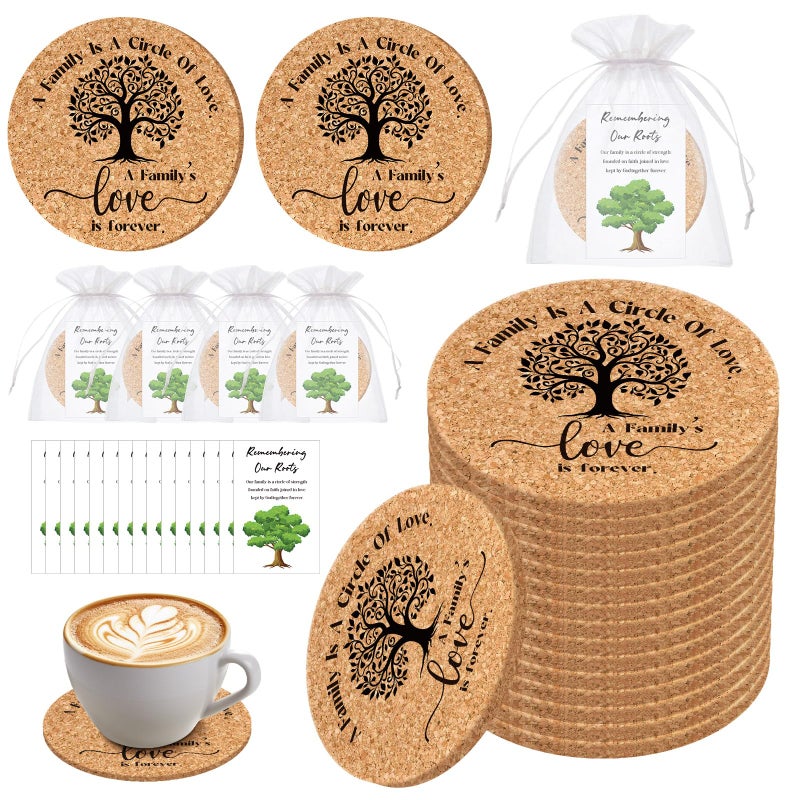 Nlicrst 50 Sets Family Reunion Favors Include A Family is a Circle of Love Cork Coaster Family Absorbent Cork Mat with Party Gift Cards and Organza Gift Bags Family Gathering - Image 1