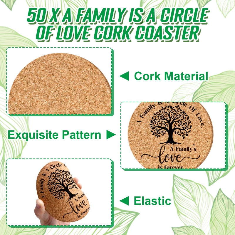 Nlicrst 50 Sets Family Reunion Favors Include A Family is a Circle of Love Cork Coaster Family Absorbent Cork Mat with Party Gift Cards and Organza Gift Bags Family Gathering - Image 3