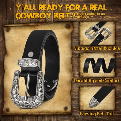 JASGOOD Women Leather Belts Ladies Vintage Western Belt Cowboy Cowgirl Country Belt Design Black Waist Belts for Pants Jeans Dresses - Image 3
