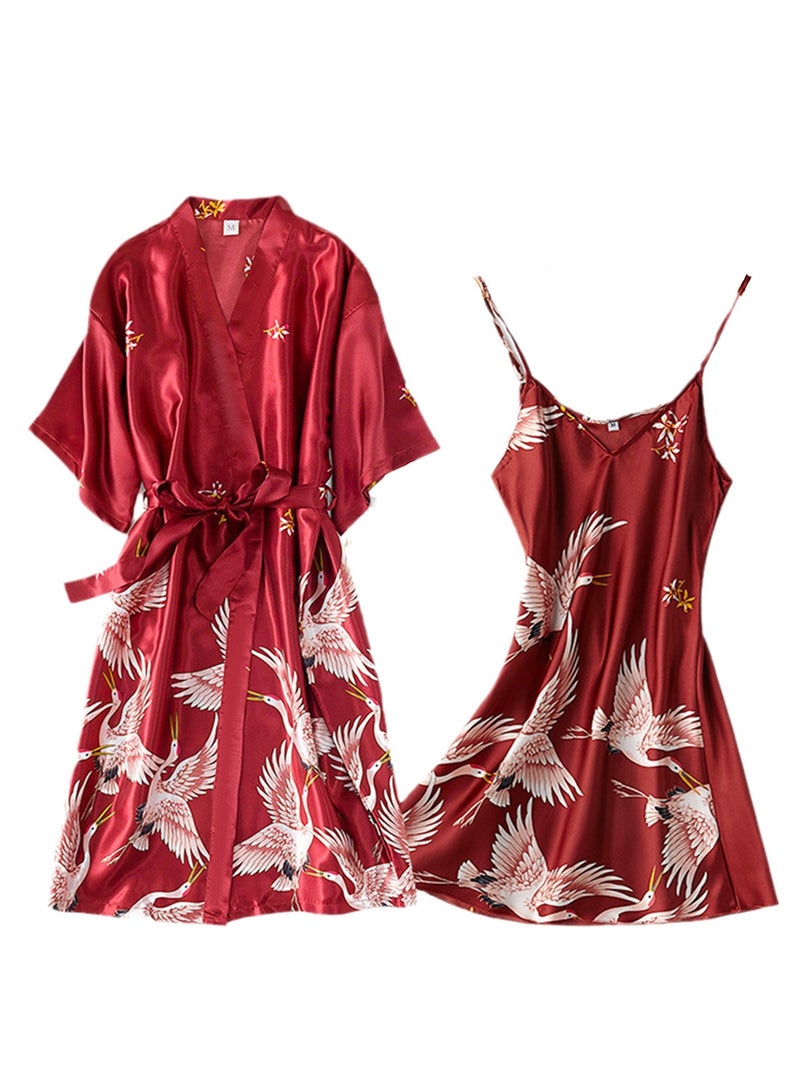 2pcs women's pajamas bathrobe imitation silk suspender crane pajamas - Image 1