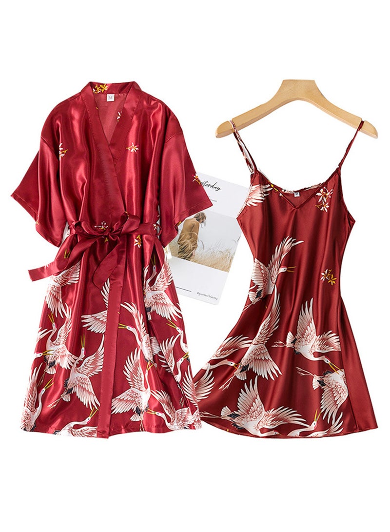 2pcs women's pajamas bathrobe imitation silk suspender crane pajamas - Image 2