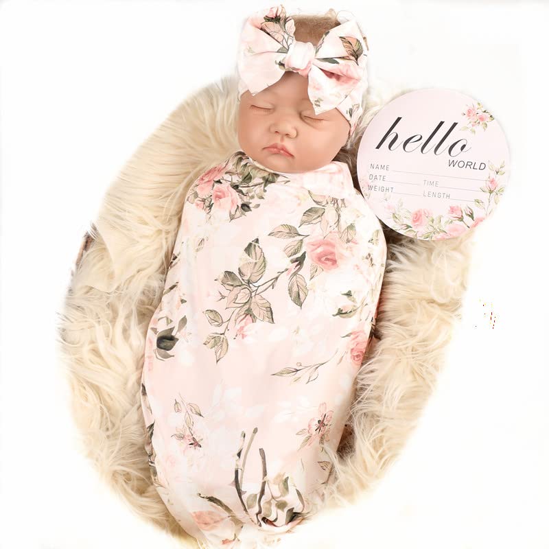 جالا بلومر Newborn Receiving Blanket Headband Set Flower Print Baby Swaddle Blankets (Vintage) - Image 1