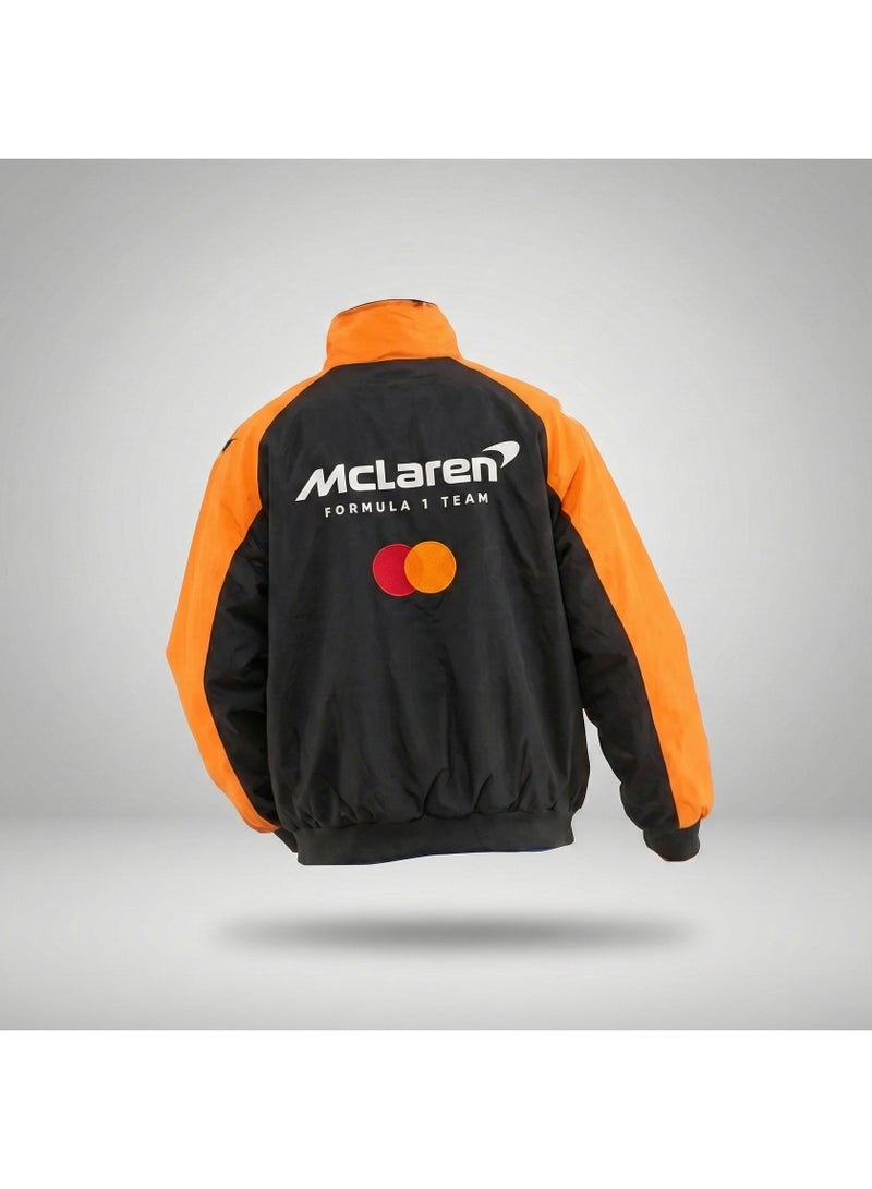 Mclaren F1 Racing Jacket - Shell/UPS Sponsor Badges, Color Block, Embroidered Logo, Full-Zip Design, Unisex Motorsport Streetwear Coat - Image 2