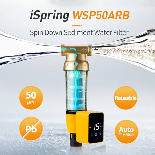 iSpring WSP50ARB Spin Down Sediment Water Filter Reusable with TouchScreen Auto Flushing Module and Builtin Housing Scraper Brass Top Clear Housing 50 Micron - Image 3