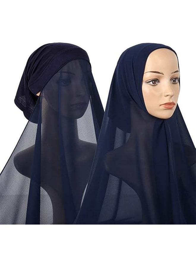 Instant Hijab with Veil,Muslim Fashion Solid Color Chiffon Head Wraps Soft Long Under Scarf Caps with Undercap Islam Turban Wrap Modal Hijab Cap Full Cover Shawl Cap for Women Daily Wear-Navy blue - Image 2