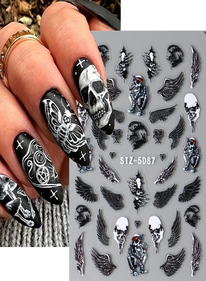 LRKNNO 8 Sheets 5D Halloween Nail Stickers Horror Gothic Nail Decals Punk Nail Supplies Embossed Skull Clown Evil Eyes Lip Wing Bone Ghost Spider Web Halloween for Nail Art Stickers Women DIY Nail Decor - Image 2