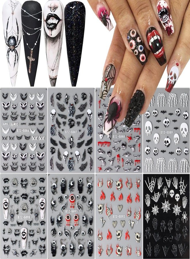 LRKNNO 8 Sheets 5D Halloween Nail Stickers Horror Gothic Nail Decals Punk Nail Supplies Embossed Skull Clown Evil Eyes Lip Wing Bone Ghost Spider Web Halloween for Nail Art Stickers Women DIY Nail Decor - Image 1