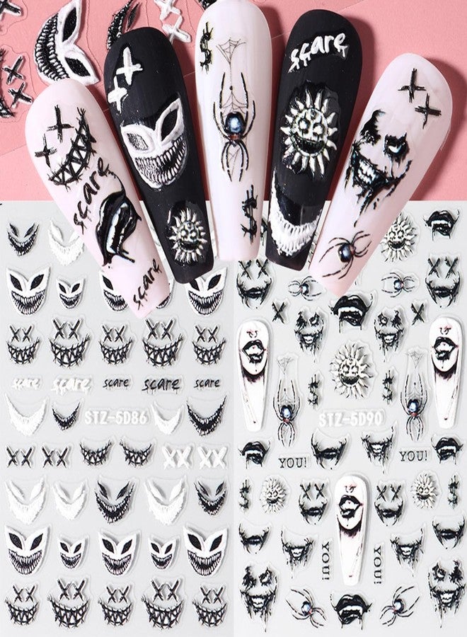 LRKNNO 8 Sheets 5D Halloween Nail Stickers Horror Gothic Nail Decals Punk Nail Supplies Embossed Skull Clown Evil Eyes Lip Wing Bone Ghost Spider Web Halloween for Nail Art Stickers Women DIY Nail Decor - Image 5