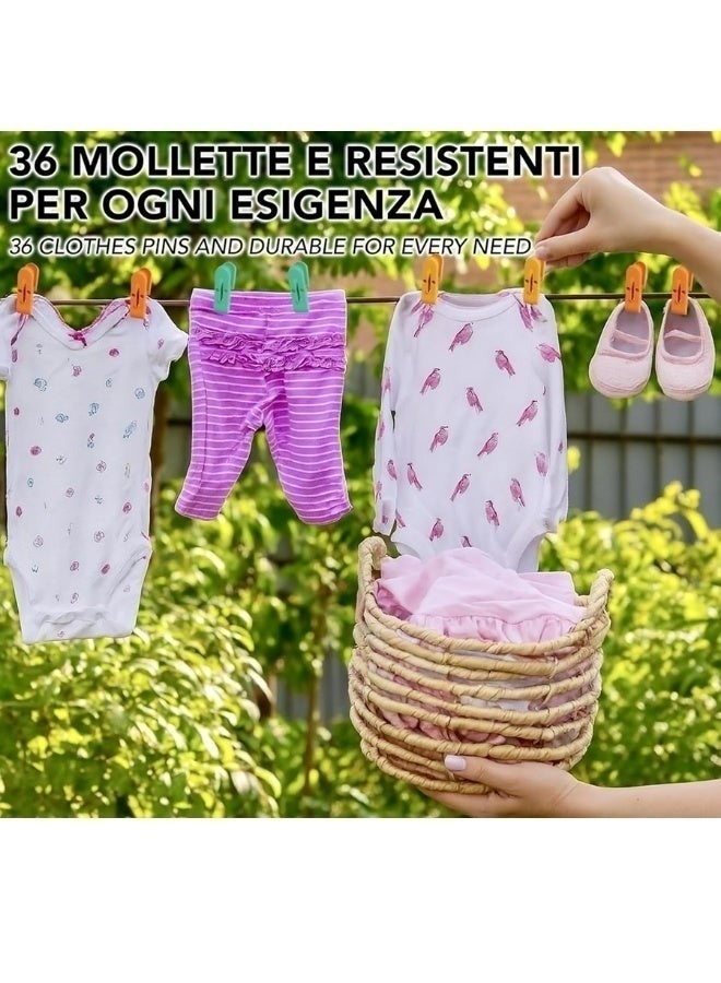 طقم مشابك غسيل ملونة مع سلة تعليق (36 قطعة) - ملاقط غسيل شديدة التحمل للملابس المبللة والجافة - مشابك بلاستيكية متينة ومقاومة للانزلاق للمناشر والبالكونات - طقم كامل لتنظيم الغسيل وتجفيف الملابس في الحمام والرحلات والتخييم - Image 5