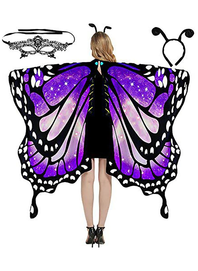 Jorunb Halloween Butterfly Wings Costume for Womens, Moth Wings Butterfly Cape Adult Costume with Mask & Headband(3pcs-purple) - Image 1