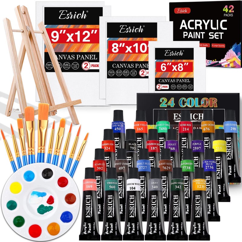 ESRICH Acrylic Paint Canvas Set42 Piece Professional Premium Paint Kit with 1 Wood Easel24Colors10 Brushes6 Canvases Painting Supplies Kit for KidsStudents Artists and Beginner