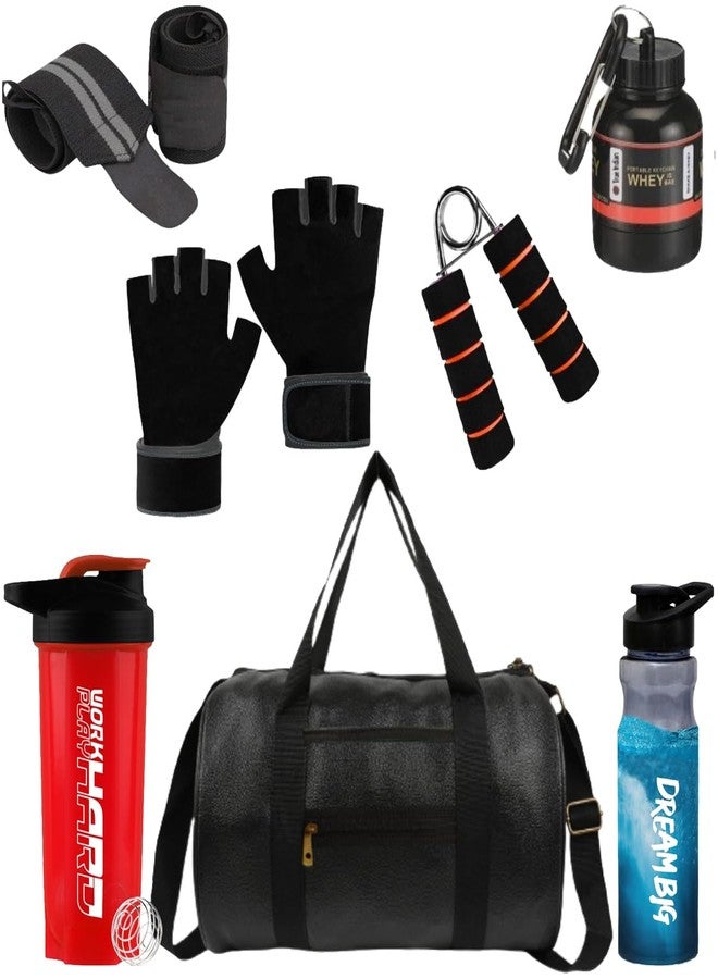 TRUE INDIAN (2024 New) Gym Accessories Combo Set for Men and Women Workout with Whey Bottle, Hand Gripper,Duffle Bag, Wrist Wrap, Hand Gloves Sipper/Shaker - All-in-One Fitness Gym Kit (Pack of 7) (RED) - Image 1