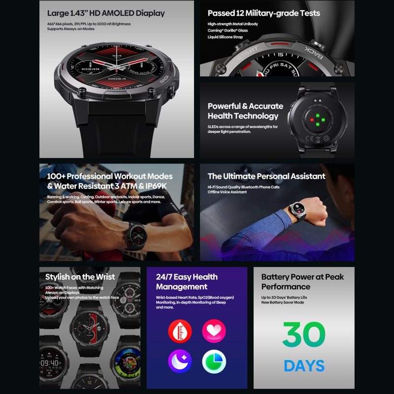 زيبليز سوار ذكي VIBE 7 Pro وساعة رياضية بشاشة AMOLED كاملة اللمس مقاس 1.43 بوصة، متتبع لياقة بدنية مقاوم للماء بمعيار IP67، يدعم مكالمات البلوتوث، ومراقبة الأكسجين في الدم/النوم/معدل ضربات القلب/ضغط الدم، مع أوضاع رياضية متعددة - Image 4