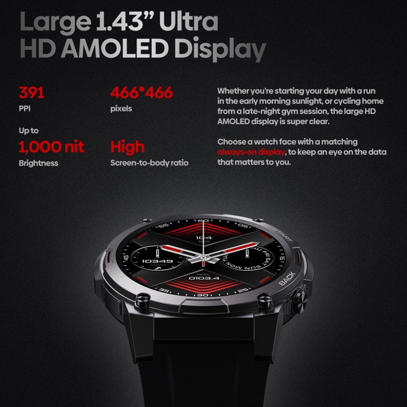 زيبليز سوار ذكي VIBE 7 Pro وساعة رياضية بشاشة AMOLED كاملة اللمس مقاس 1.43 بوصة، متتبع لياقة بدنية مقاوم للماء بمعيار IP67، يدعم مكالمات البلوتوث، ومراقبة الأكسجين في الدم/النوم/معدل ضربات القلب/ضغط الدم، مع أوضاع رياضية متعددة - Image 3
