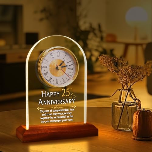OkiyiD Light Up 25th Anniversary Wedding Gifts Quartz Clock with Wooden Base,25 Years Silver Wedding for Couple,Parents,Soft Warm White Lighting 25th Anniversary Decoration Gifts - Image 3