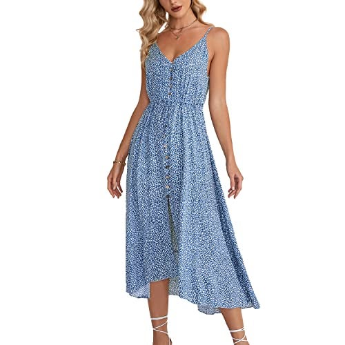 BROVAVE Women's 2025 Summer Casual Boho Sundress Polka Dot Spaghetti Strap V Neck Flowy Midi Dresses(008 Light Blue, Large) - Image 1