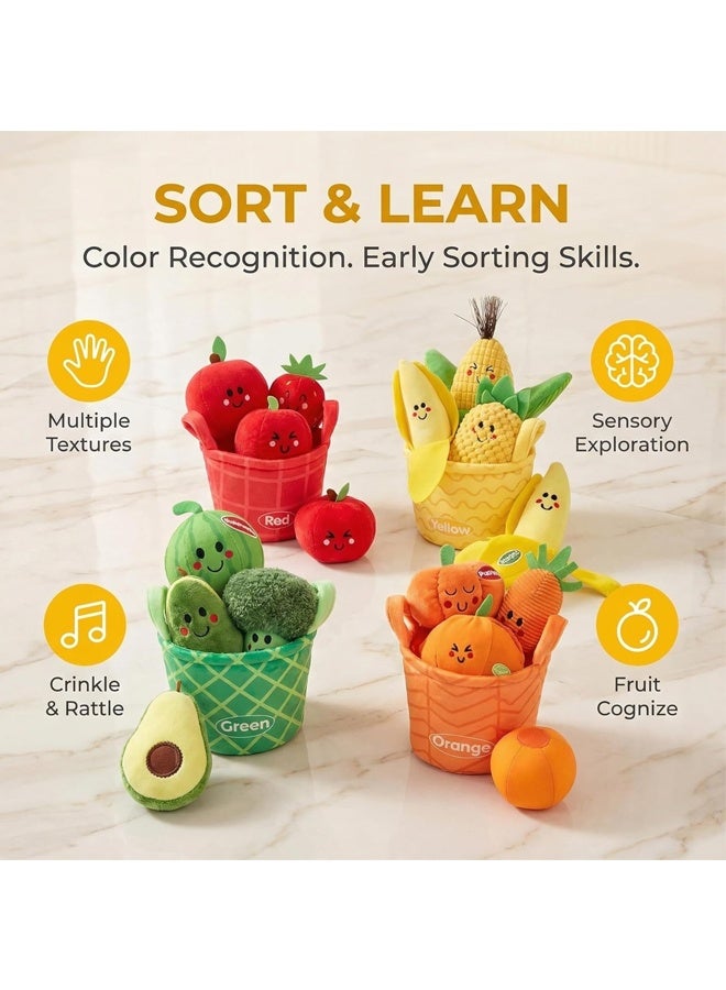 Beauenty Baby Toys 6-12 Months – Montessori Sensory Toys Set of Fruits and Vegetables Plush with Rattles and Basket, 16 Stacking & Educational Toy, boys and girls Birthday Gifts for 1-3 Years - Image 3