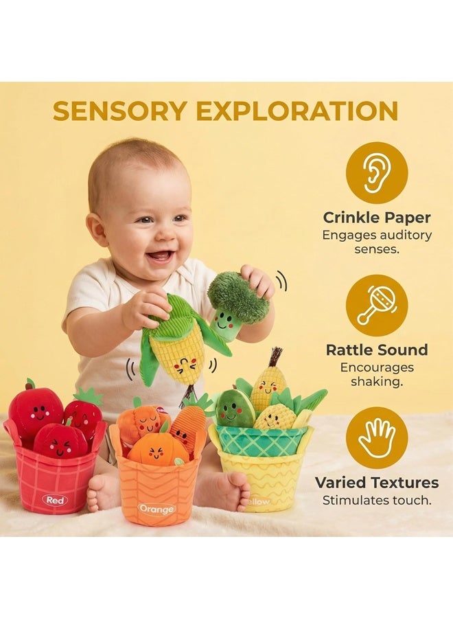 Beauenty Baby Toys 6-12 Months – Montessori Sensory Toys Set of Fruits and Vegetables Plush with Rattles and Basket, 16 Stacking & Educational Toy, boys and girls Birthday Gifts for 1-3 Years - Image 2