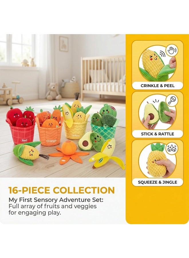 Beauenty Baby Toys 6-12 Months – Montessori Sensory Toys Set of Fruits and Vegetables Plush with Rattles and Basket, 16 Stacking & Educational Toy, boys and girls Birthday Gifts for 1-3 Years - Image 4