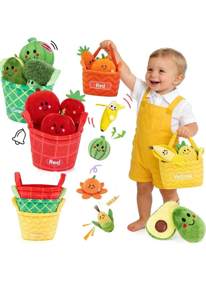 Beauenty Baby Toys 6-12 Months – Montessori Sensory Toys Set of Fruits and Vegetables Plush with Rattles and Basket, 16 Stacking & Educational Toy, boys and girls Birthday Gifts for 1-3 Years - Image 1