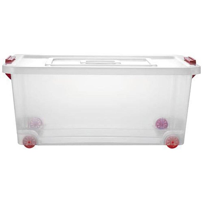 LARGE PLASTIC MULTIPURPOSE STACKABLE STORAGE BOX WITH LID HANDLES WHEELS TRANSPARENT 415 CM X 308 CM X 206 CM 16 LITRES