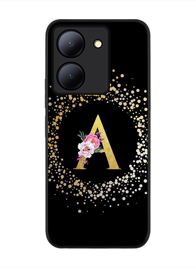 Rugged Black Edge case for Vivo Y27s/ Vivo Y27 5G, Slim fit Rubber Edges  - Custom Monogram Initial Letter Floral Pattern Alphabet - A (Black)