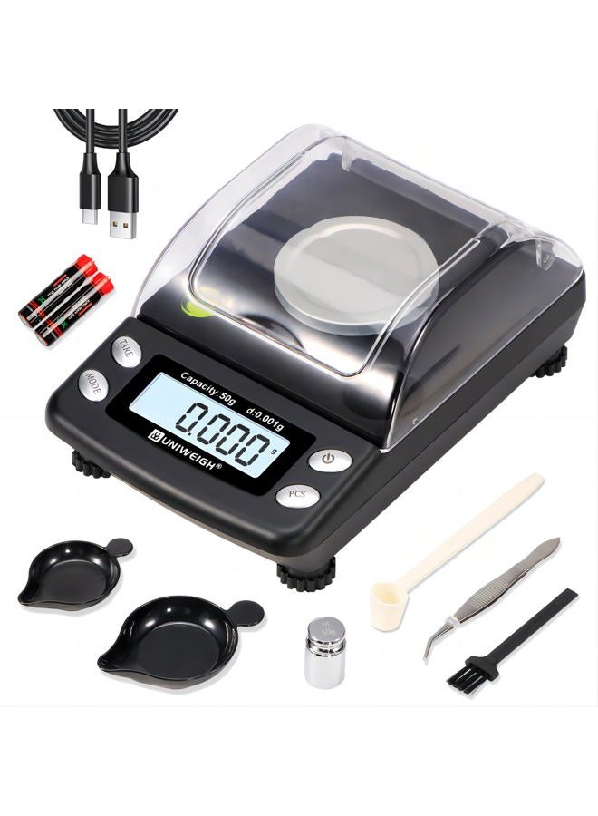 UNIWEIGH Digital Milligram Scale Accurate 0.001g/50g,Precision mg Scale for Jewelry,Powder,Gold,Gem,Reloading Scale,Micro Gram Scale with 6 Units,Tare,Cal Weight,Pocket Scale with USB&Battery Powered - Image 1