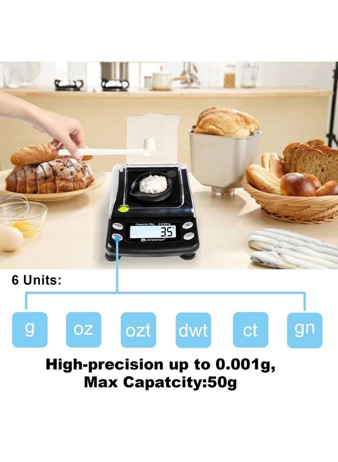 UNIWEIGH Digital Milligram Scale Accurate 0.001g/50g,Precision mg Scale for Jewelry,Powder,Gold,Gem,Reloading Scale,Micro Gram Scale with 6 Units,Tare,Cal Weight,Pocket Scale with USB&Battery Powered - Image 2