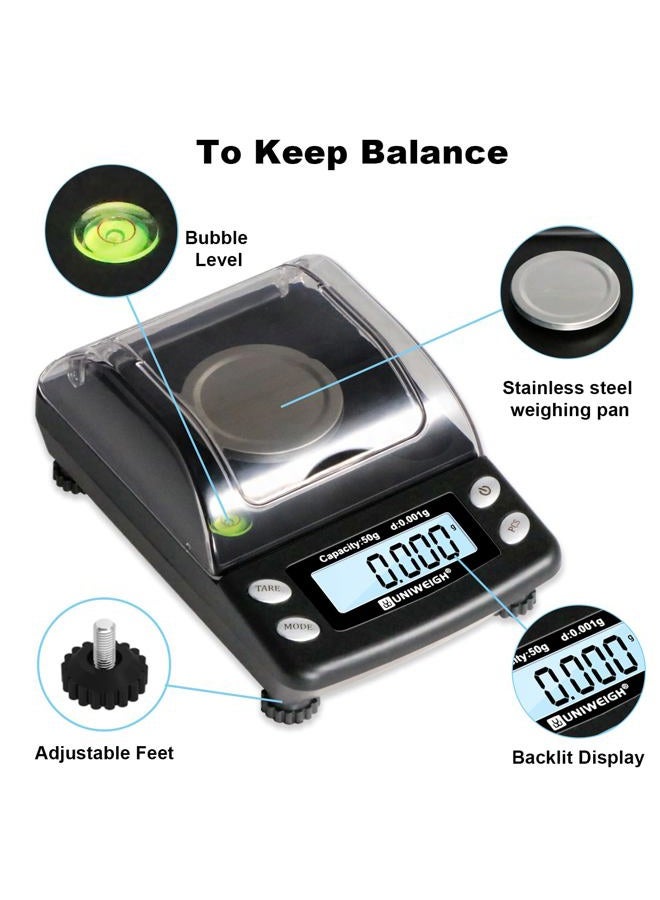 UNIWEIGH Digital Milligram Scale Accurate 0.001g/50g,Precision mg Scale for Jewelry,Powder,Gold,Gem,Reloading Scale,Micro Gram Scale with 6 Units,Tare,Cal Weight,Pocket Scale with USB&Battery Powered - Image 3
