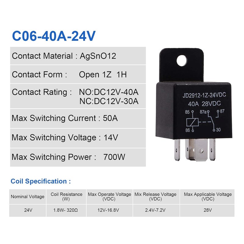 Ehdis مرحّل موتور 5 دبابيس 24 فولت ملف 40 أمبير SPDT رقم الموديل: JD2912-1Z-24VDC 40A 28VDC، مرحّل التلامس، مفتاح الطاقة، مفاتيح أوتوماتيكية وبادئات، عبوة 5 قطع - Image 3