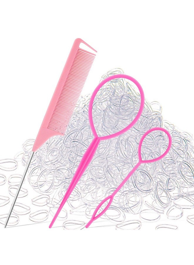 Schembo 1000Pcs Clear Elastic Hair Rubber Bands Soft And Small Hair Elastics Ties For Girls And Women 2Pcs Topsy Tail Hair Toolshair Loop Styling Tool1Pcs Rat Tail Combs For Hair Stylingpink Schembo - Image 1