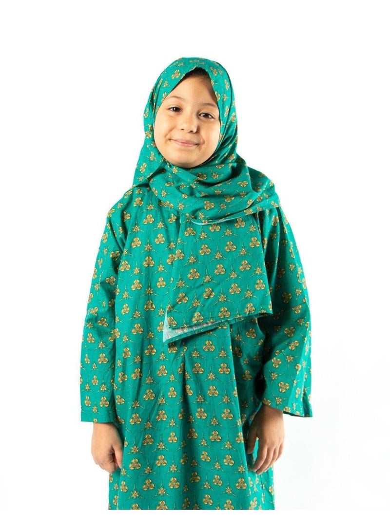 Manasek Kids Green Scarf & Prayer Dress Set with a Bag - 8-10 Years