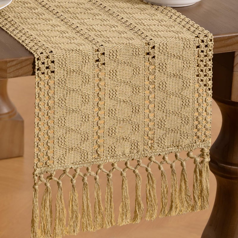 MLMW Boho Champagne Table Runner 48 inches Small Coffee Table Runner Macrame Woven Table Runners with Tassels Short Dresser Runners for Bedroom Living Room Home Decor - Image 2