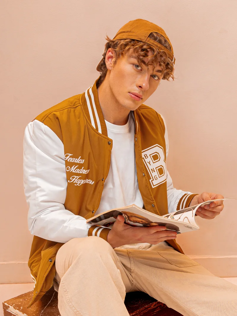 Cider Brown Printed Varsity Jacket for Men