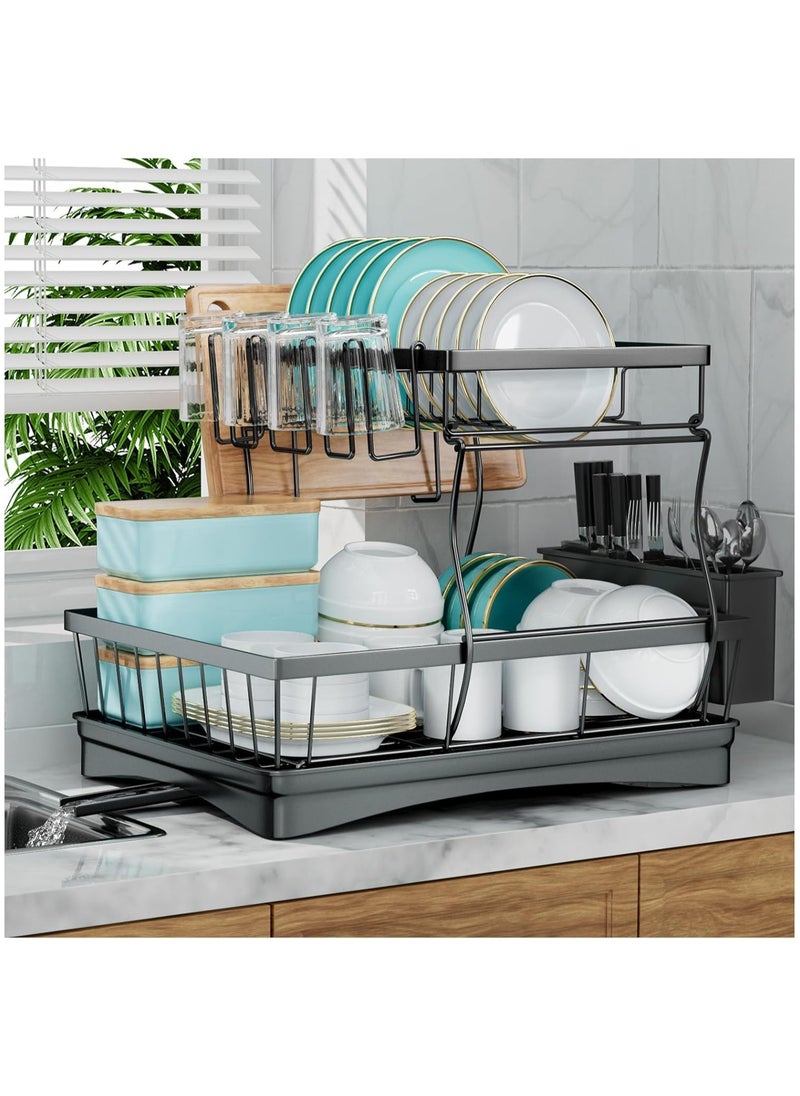 ALAMAREQ Dish Drainer, Large Capacity Draining Board Rack with Utensil Holder, 2-Tier for Kitchen Counter, Black  - Image 1
