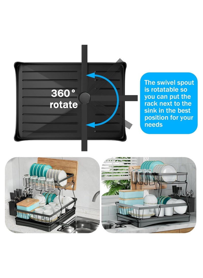 ALAMAREQ Dish Drainer, Large Capacity Draining Board Rack with Utensil Holder, 2-Tier for Kitchen Counter, Black  - Image 2