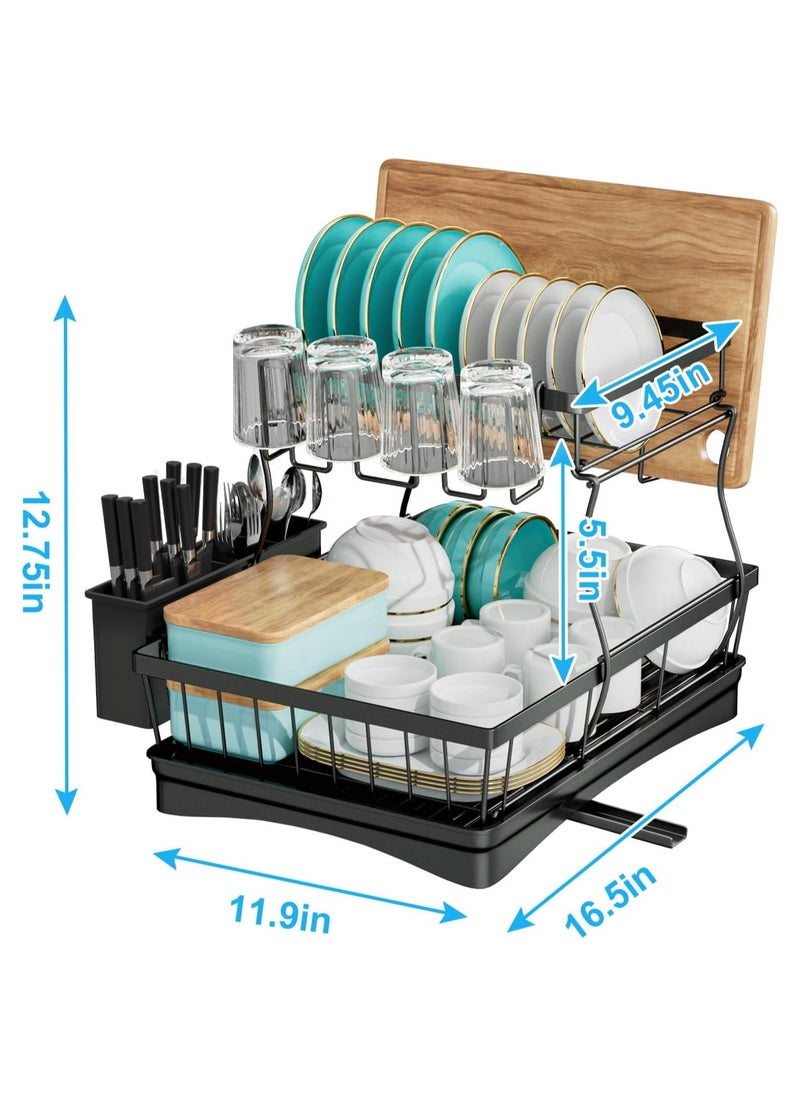ALAMAREQ Dish Drainer, Large Capacity Draining Board Rack with Utensil Holder, 2-Tier for Kitchen Counter, Black  - Image 3