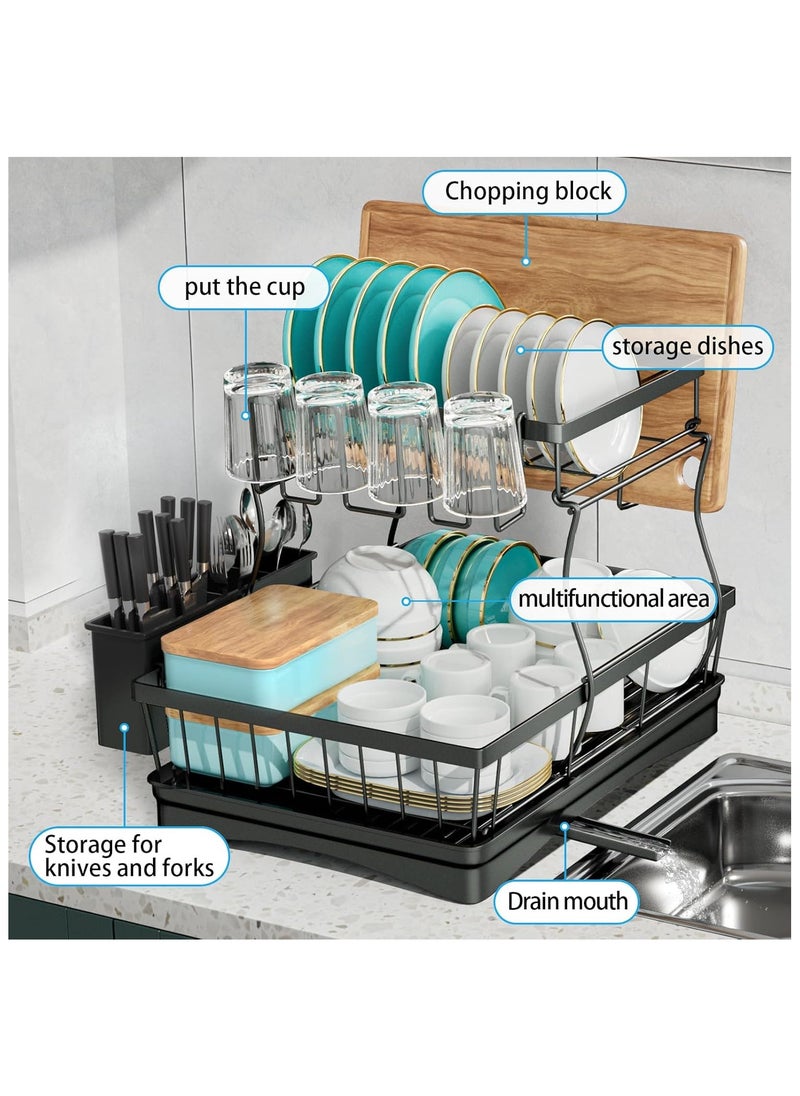 ALAMAREQ Dish Drainer, Large Capacity Draining Board Rack with Utensil Holder, 2-Tier for Kitchen Counter, Black  - Image 5