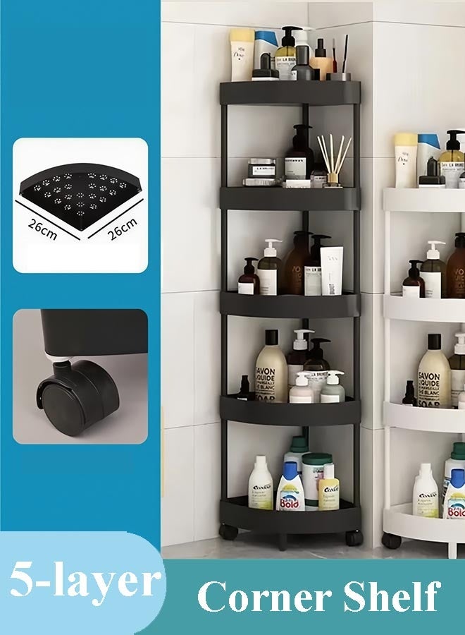 رف زاوية من 5 طبقات - حامل دش زاوية قائم - منظم دش قائم على الأرض مقاوم للصدأ، رف تخزين دش زاوية مقاوم للماء مثالي للحمام والمطبخ والشرفة وغرفة المعيشة (أسود) - Image 1