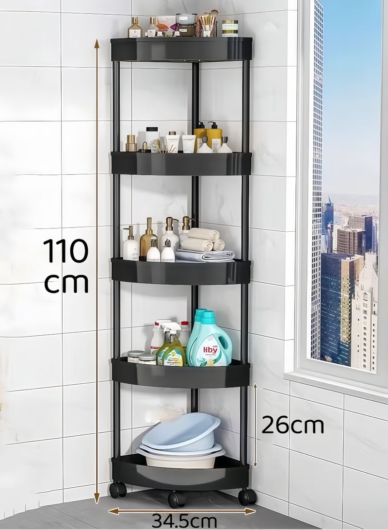 5-Tier Corner Shelf,Corner Shower Caddy Standing with 4 Wheel,5-Tier Storage Cart,Tier Rust Proof Floor Standing Shower Organizer,Triangle Corner Shelf Rack Rolling Trolley,Waterproof Corner Stand Shower Shelf Storage Rack Ideal Multifunctional Storage And Organization Cart,for Bathroom, Kitchen, Balcony & Living Room(Black) - Image 2