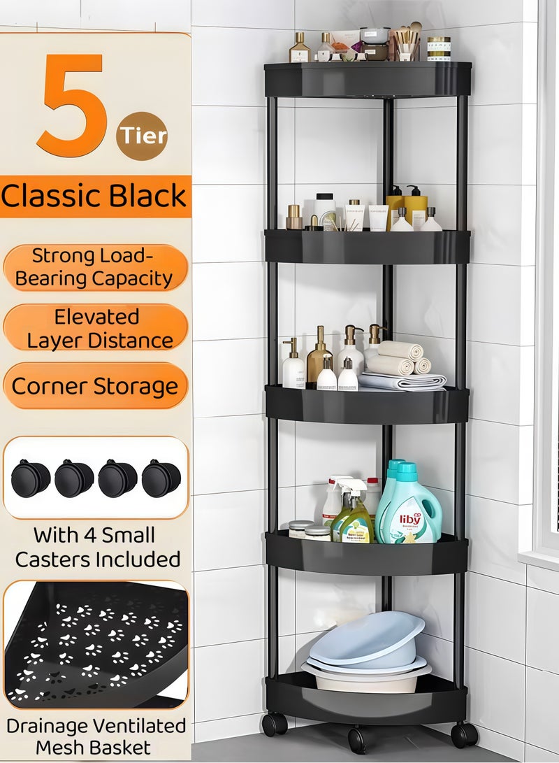 5-Tier Corner Shelf,Corner Shower Caddy Standing with 4 Wheel,5-Tier Storage Cart,Tier Rust Proof Floor Standing Shower Organizer,Triangle Corner Shelf Rack Rolling Trolley,Waterproof Corner Stand Shower Shelf Storage Rack Ideal Multifunctional Storage And Organization Cart,for Bathroom, Kitchen, Balcony & Living Room(Black) - Image 1