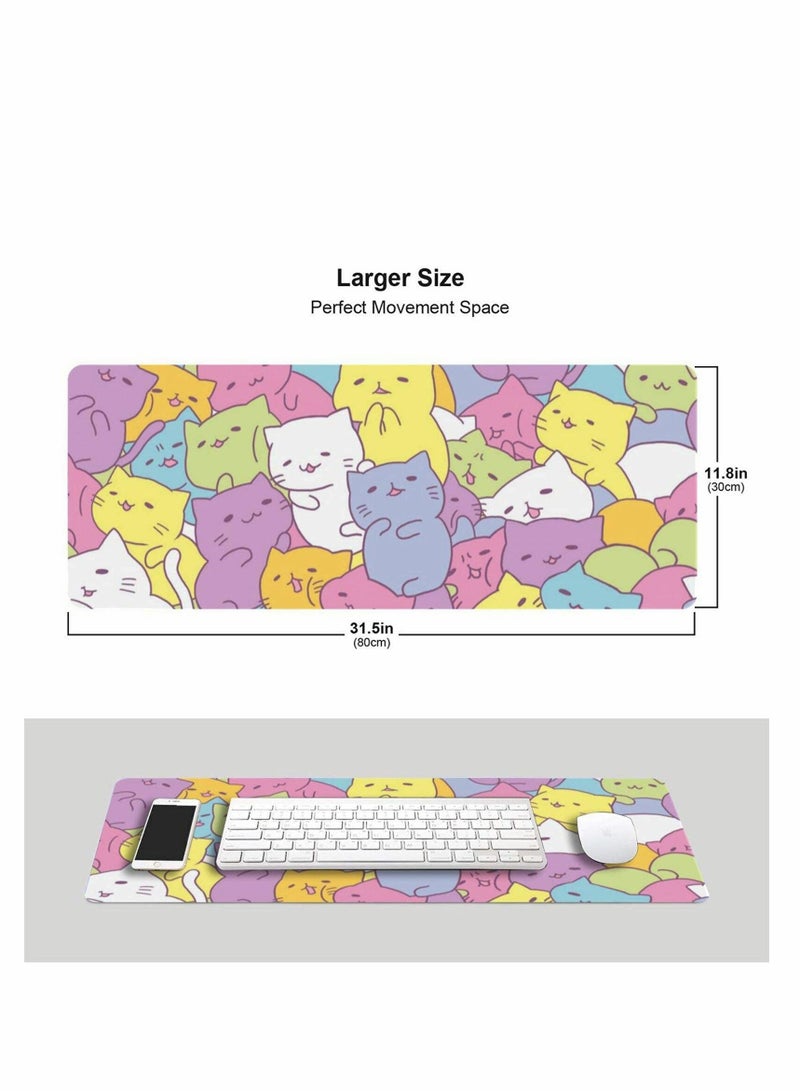 Excefore Cute Cat Gaming Mouse Pad XL, Extended Large Mouse Mat Desk Pad, Stitched Edges Mousepad, Long Non-Slip Rubber Base Mice Pad, 31.5 X 11.8 Inch - Image 2