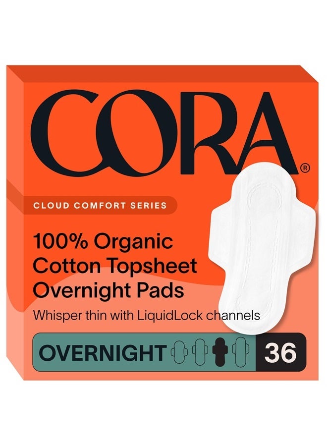 cora Organic Pads | Ultra Thin Period Pads with Wings | Overnight Absorbency | Ultra-Absorbent Sanitary Pads for Women | 100% Organic Cotton Topsheet (36 Count) - Image 1