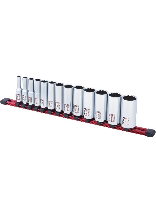 SUNEX 13 Piece 3/8" Drive Chrome Socket Rail 12Pt SAE Deep - Image 1