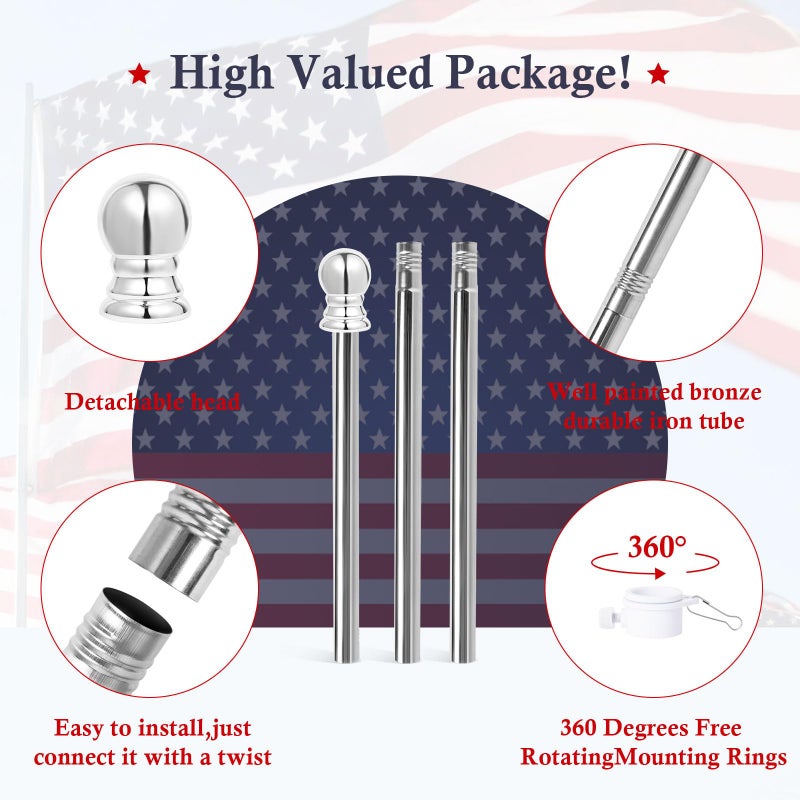 YKFLY Flag Pole Kit 5ft Flag Pole for Outside House, Flag Poles with Tangle Free Flag Pole Rings for 3x5 American Flag Mounting Bracket Stainless Steel Heavy Duty for Yard Truck Boat(Without Bracket) - Image 5