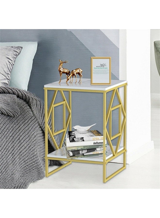 Hometaste Metal Frame Marble Coffee Table - Multi-Functional End Table - Modern Sofa Side Table Nightstand Bedside Table For Bedroom Living Room Office White+Gold