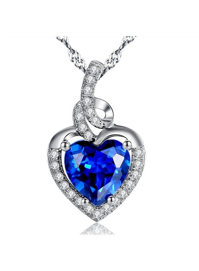 MABELLA Simulated Blue Sapphire Birthstone Heart Necklace Sterling Silver Pendant Gifts For Women - Image 1