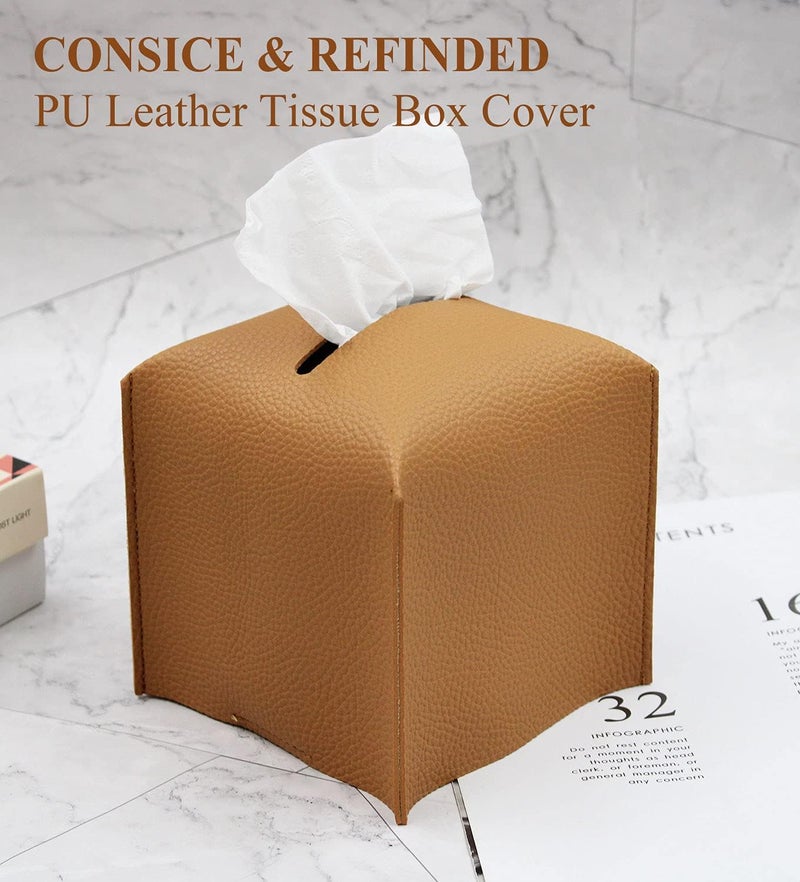 Livelab Tissue Box Cover, Modern Square Decorative PU Leather Facial Paper Case Organizer Holder Dispenser for Bathroom, Vanity Countertop, Night Stands, Desk, Car 5X5X5'' | Camel - Image 4